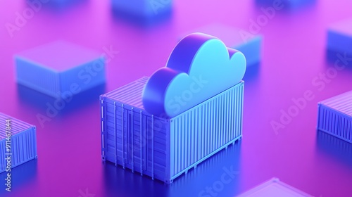 Abstract image illustrating cloud computing technology with a blue container and cloud icon on a pink background.