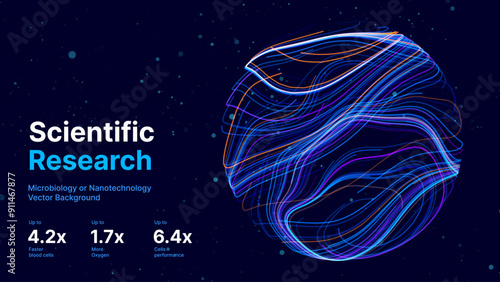 Abstract Science Cell Scientific Medical Research Background. Blue 3D Sphere Backdrop Particles Effect. Futuristic Chemistry Physics Microbiology Concept. Tech BG Vector Illustration.