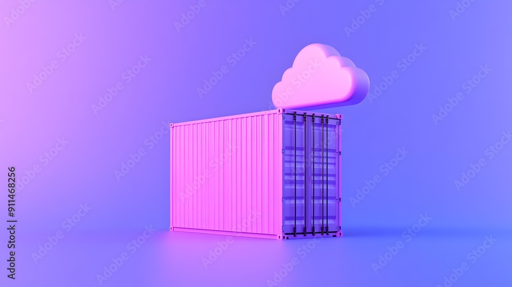 Abstract image of a pink shipping container with a cloud on top against a gradient background, representing cloud storage. Abstract image of a pink shipping container with a cloud on top against a gradient background, representing cloud storage.