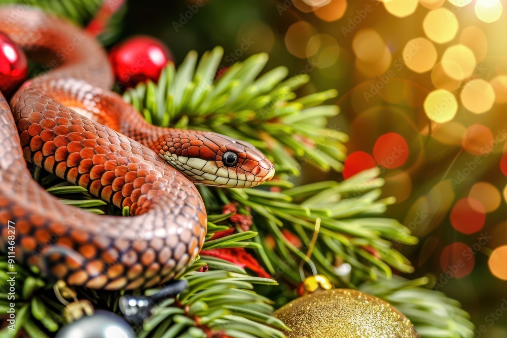 Decorated Christmas tree with a snake wrapped around the branches and baubles, creating a unique festive scene. Decorated Christmas tree with a snake wrapped around the branches and baubles, creating a unique festive scene.
