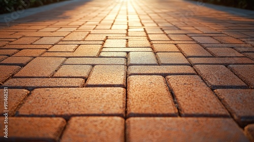 Empty pathway paved with brick blocks, displaying the uniformity and neatness of the paver floor. photo