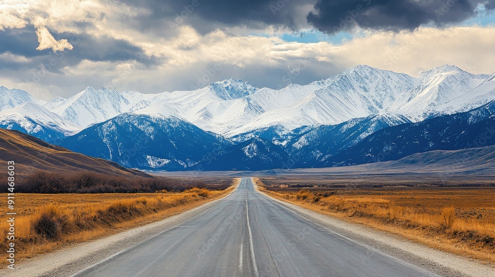 Fototapeta premium Empty road with snow-capped mountains and dramatic skies, ideal for travel and adventure themes.
