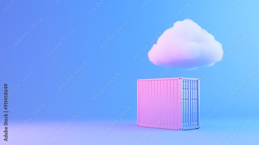 Abstract image with a pink shipping container and a white cloud on a blue background, symbolizing cloud computing and data storage.