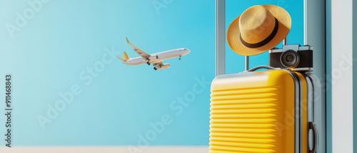 A modern travelthemed image with sleek silver and yellow suitcases photo