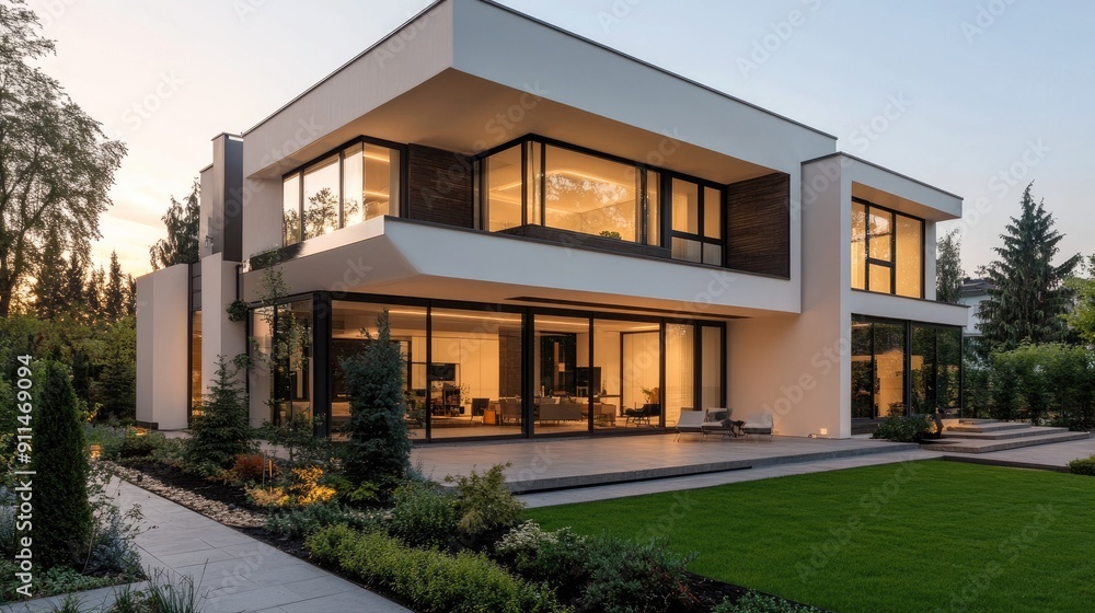 Exterior design of a modern villa house with large windows and landscaped garden, showcasing contemporary architecture. Exterior design of a modern villa house with large windows and landscaped garden, showcasing contemporary architecture.