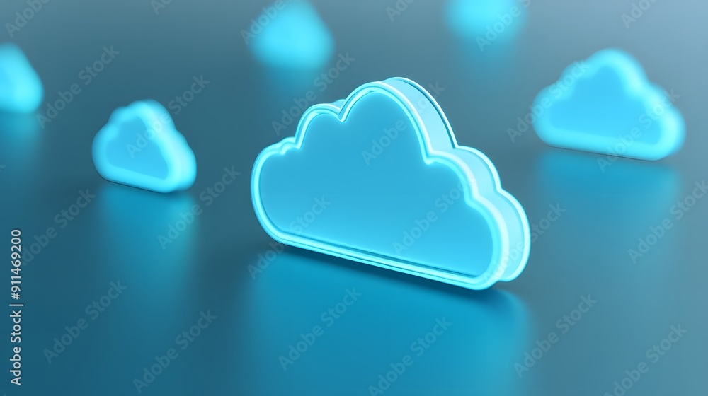 Blue 3D cloud icons on a smooth surface, representing cloud computing and data storage technology with a futuristic design. Blue 3D cloud icons on a smooth surface, representing cloud computing and data storage technology with a futuristic design.