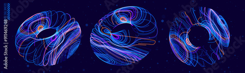 3D Torus Dots and Lines. Electromagnetic Force Field Concept. Science Physics Background. Vector Illustration. Energy Fields Torus Objects Design Elements.