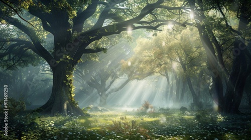 large tree in a forest at dawn with sun rays passing through