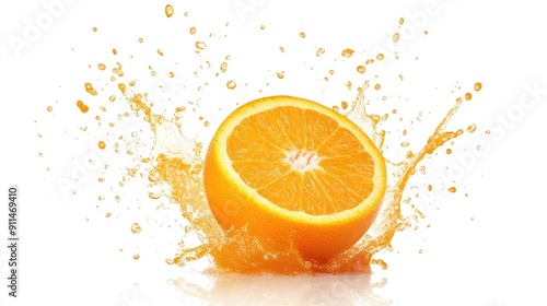 Fresh orange surrounded by a vibrant splash of juice, isolated on white, highlighting the refreshing energy.