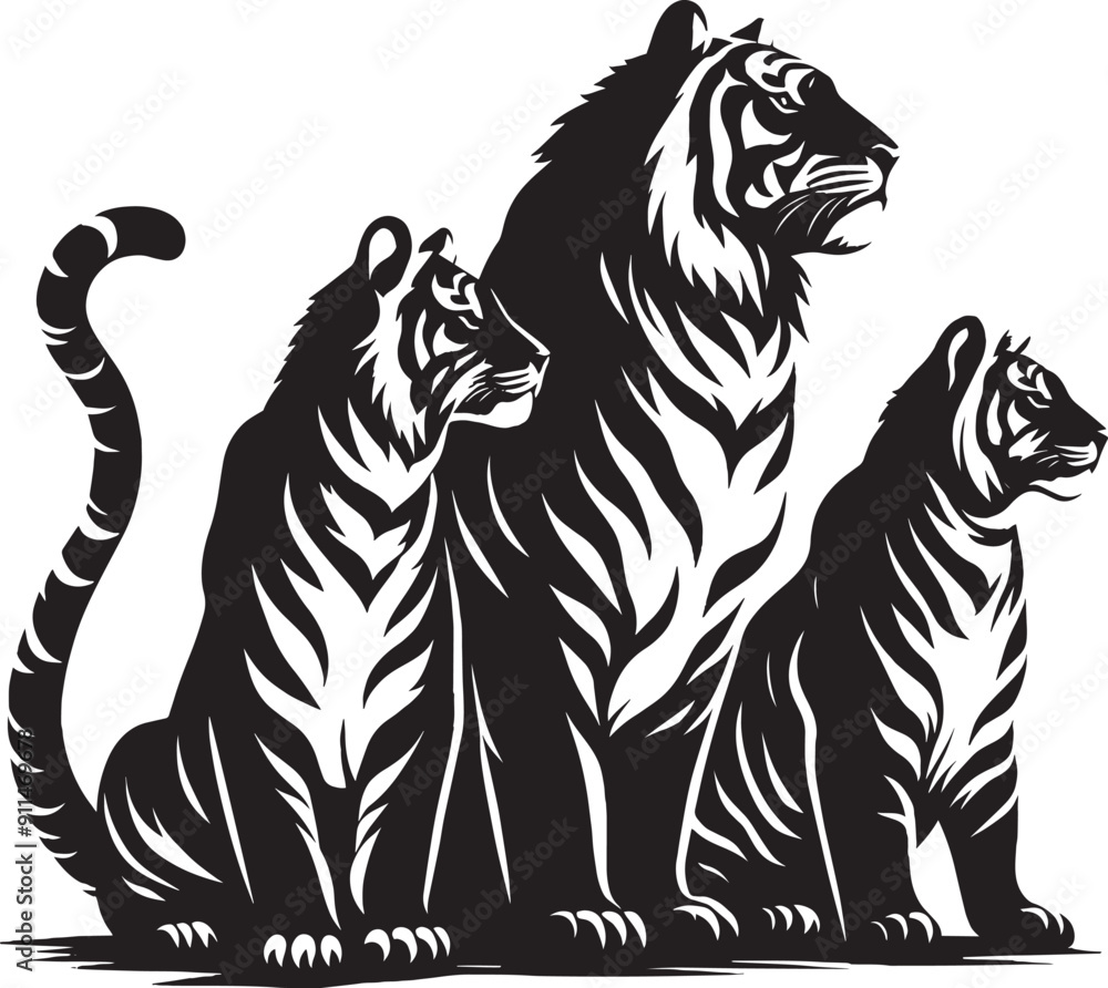 Obraz premium Group of tiger Silhouette isolated on white background Minimalist tiger vector shape icon