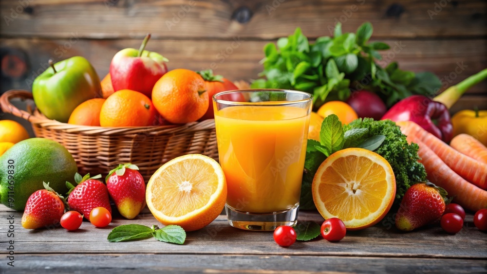 Freshly squeezed orange juice with a variety of colorful fruits and vegetables , orange, juice, fresh, fruits, vegetables Freshly squeezed orange juice with a variety of colorful fruits and vegetables , orange, juice, fresh, fruits, vegetables