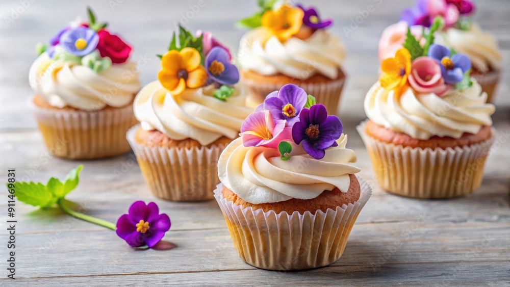 Cupcakes decorated with swirls of cream and edible flowers, cupcakes, cream, flowers, dessert, sweet, bakery, pastries Cupcakes decorated with swirls of cream and edible flowers, cupcakes, cream, flowers, dessert, sweet, bakery, pastries