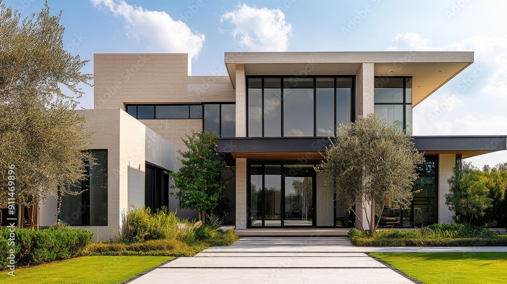 Front view of a stylish villa house with minimalist design elements and clean lines, perfect for architectural inspiration. - Front view of a stylish villa house with minimalist design elements and clean lines, perfect for architectural inspiration. -