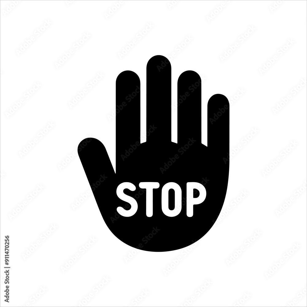 Stop hand sign silhouette on white background. Stop hand icon sign vector illustration design.