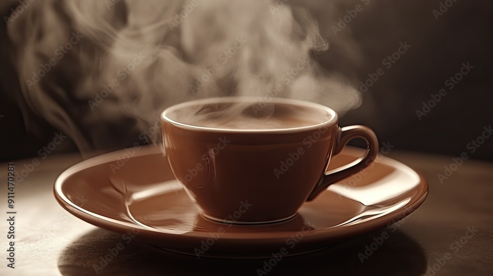 High-angle view of a hot coffee cup resting on a brown plate, highlighting the inviting steam and the rich coffee color. High-angle view of a hot coffee cup resting on a brown plate, highlighting the inviting steam and the rich coffee color.