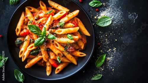 Delicious Italian penne pasta with vegetables in a spicy tomato sauce. photo