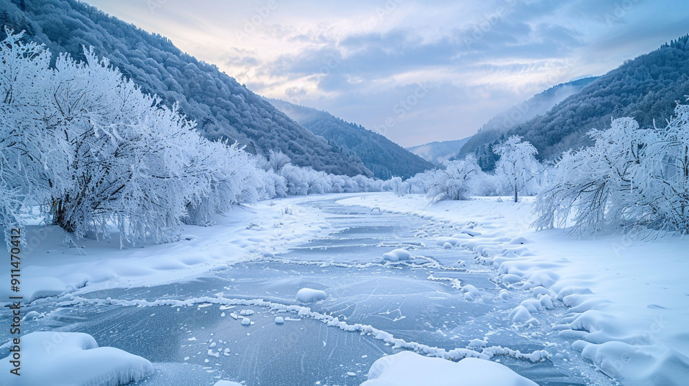 A box valley with a frozen river and ice-covered trees during the peak of winter A box valley with a frozen river and ice-covered trees during the peak of winter