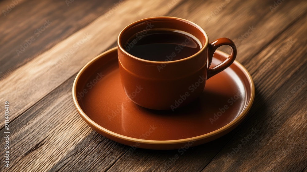 High-angle view of a warm coffee cup on a brown plate, capturing the essence of comfort and the rich color of the drink. High-angle view of a warm coffee cup on a brown plate, capturing the essence of comfort and the rich color of the drink.