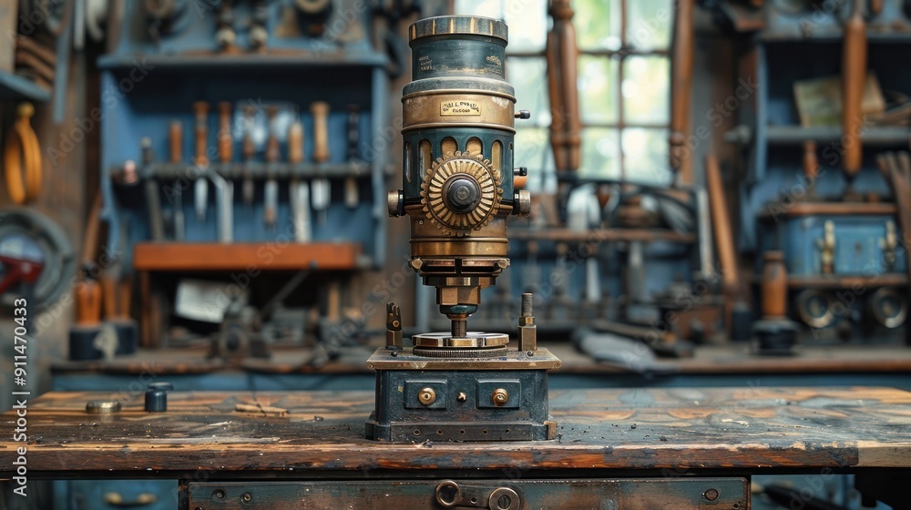 Antique Telescope in a Workshop Antique Telescope in a Workshop
