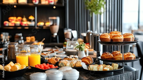 High-end hotel breakfast: fresh pastries, orange juice, eggs, and an elegant array of morning dishes in a modern setting.