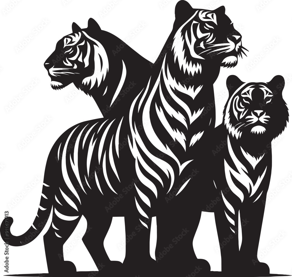 Obraz premium Group of tiger Silhouette isolated on white background Minimalist tiger vector shape icon