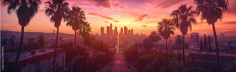 Iconic palm tree-lined avenue overlooking the sprawling metropolis of Los Angeles at sunset, Iconic palm tree-lined avenue overlooking the sprawling metropolis of Los Angeles at sunset,