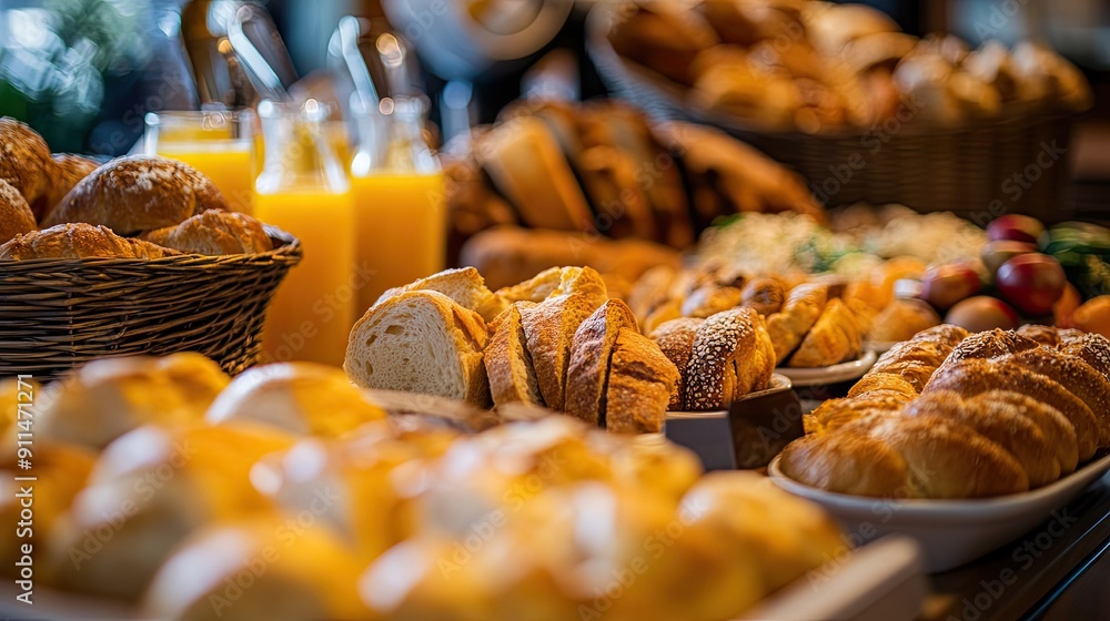 Luxurious breakfast buffet: fresh bread, pastries, orange juice, eggs, and a variety of delicious morning options.