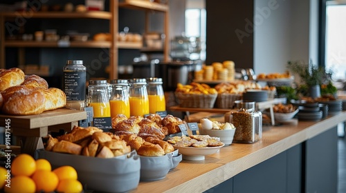 Luxurious morning buffet at a modern hotel: fresh bread, pastries, orange juice, eggs, and a variety of breakfast options.