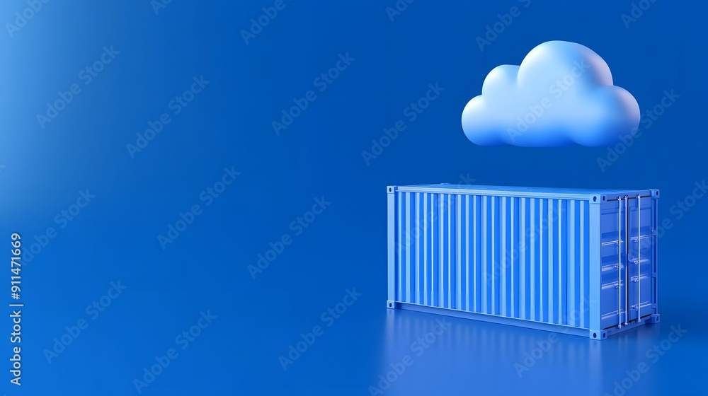 Blue shipping container below a cloud symbolizing cloud computing and technology on a blue background. Digital storage concept. Blue shipping container below a cloud symbolizing cloud computing and technology on a blue background. Digital storage concept.