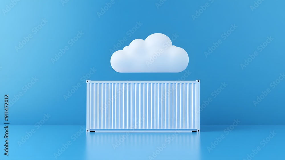 Blue shipping container under a white cloud in minimalistic setting, representing data storage and cloud computing concepts. Blue shipping container under a white cloud in minimalistic setting, representing data storage and cloud computing concepts.