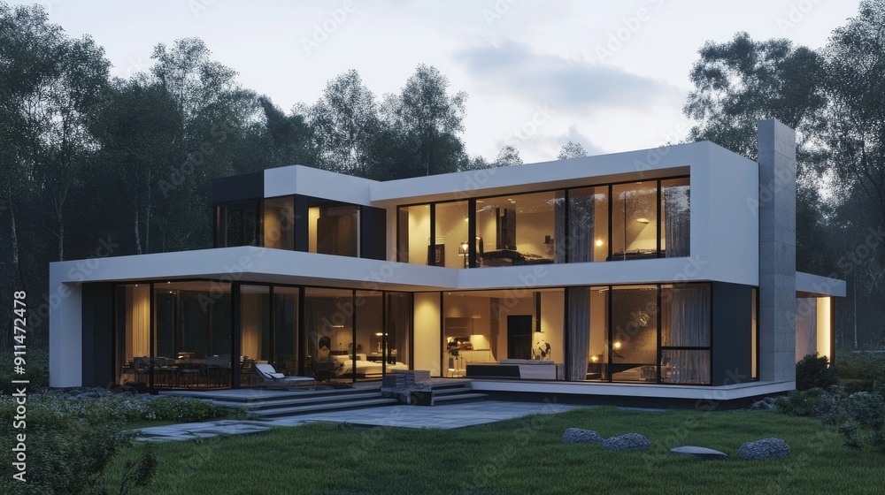 Modern villa house with a minimalist design and large glass windows, ideal for architectural inspiration. Modern villa house with a minimalist design and large glass windows, ideal for architectural inspiration.