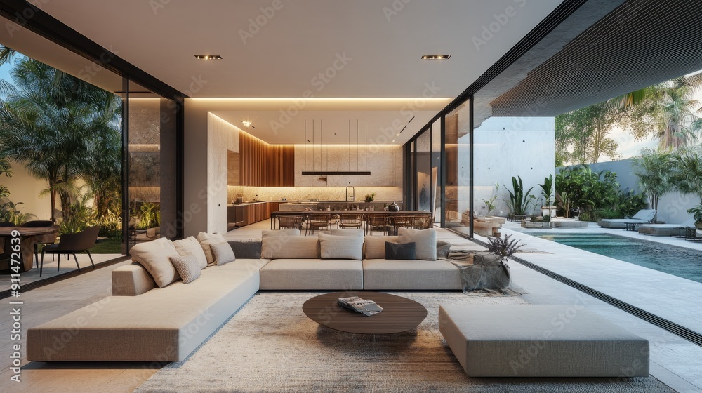 Modern villa house with a seamless indoor-outdoor living space, featuring innovative design and high-end finishes.