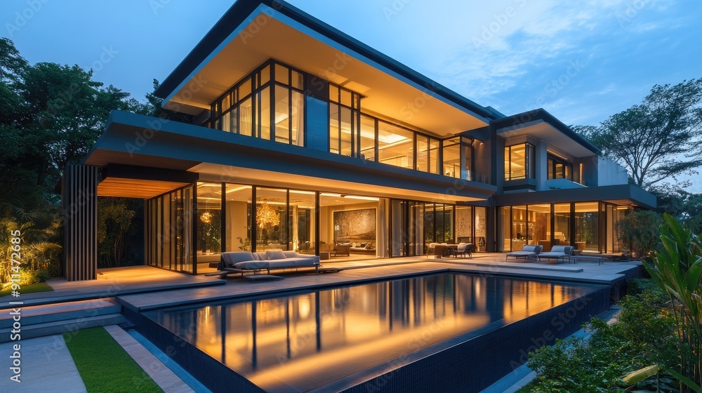 Modern villa with expansive windows and a stylish pool area, highlighting innovative architectural design. Modern villa with expansive windows and a stylish pool area, highlighting innovative architectural design.