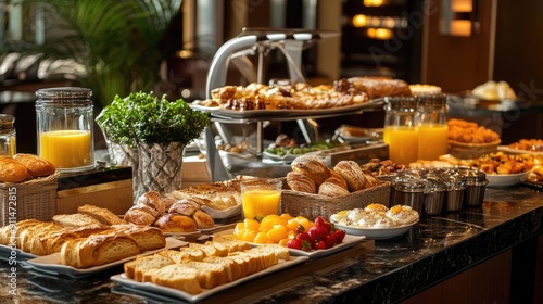 Opulent breakfast table at a luxury hotel buffet: fresh bread, pastries, orange juice, eggs, and a variety of morning fare.