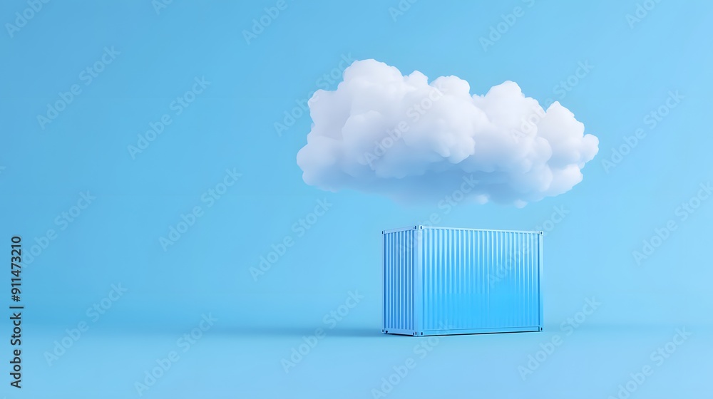Blue shipping container with fluffy cloud on top, minimalist concept, against a sky-blue background; creative storage and logistics idea. Blue shipping container with fluffy cloud on top, minimalist concept, against a sky-blue background; creative storage and logistics idea.