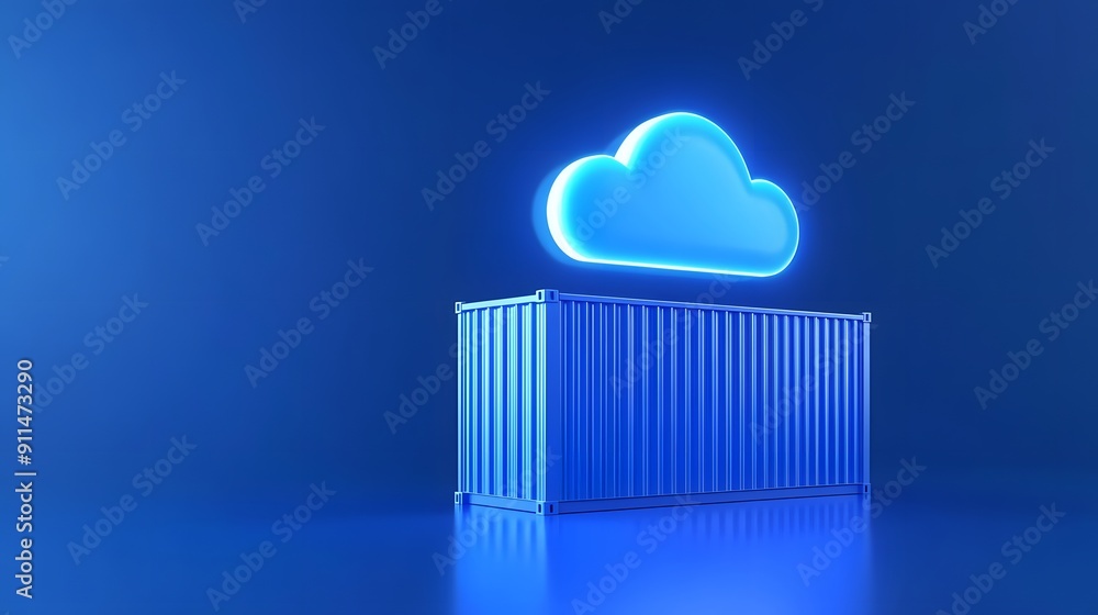 Blue shipping container with glowing cloud symbol represents cloud computing and data storage. Bright and minimalistic design in a blue hue. Blue shipping container with glowing cloud symbol represents cloud computing and data storage. Bright and minimalistic design in a blue hue.