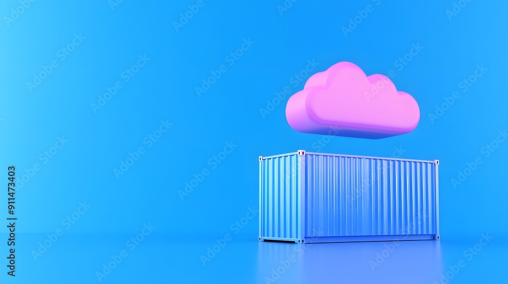 Blue shipping container with pink cloud on bright blue background symbolizing cloud storage and data management. Blue shipping container with pink cloud on bright blue background symbolizing cloud storage and data management.