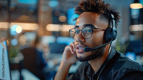 A concerned customer service agent, wearing a headset and receiving a phone call, in a modern office with bright lighting. The background shows desks and computers, creating a professional atmosphere.