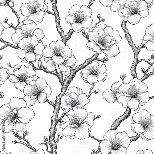 The photo illustration of seamless pattern plum blossoms on colorful background