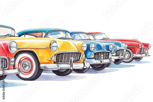 Colorful watercolor painting of an assortment of classic cars in a vintage car show