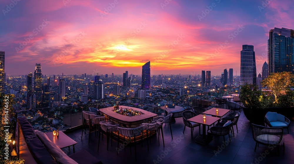 Obraz premium Rooftop bar panorama of Bangkok cityscape with sunset sky, focusing on Lumpini area and the city lights.