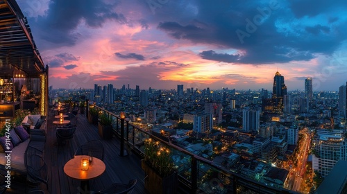 Rooftop bar panorama of Bangkok cityscape with sunset sky, focusing on Lumpini area and the city lights.