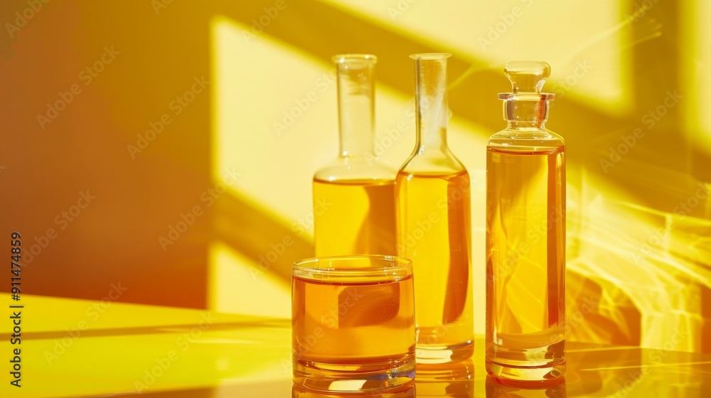 Glass bottles with yellow liquid in sunlight Glass bottles with yellow liquid in sunlight