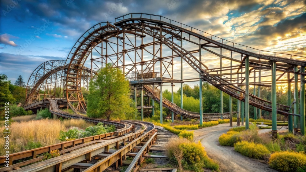 Abandoned roller coaster in a desolate amusement park , roller coaster, abandoned, theme park, thrill ride, rusted Abandoned roller coaster in a desolate amusement park , roller coaster, abandoned, theme park, thrill ride, rusted