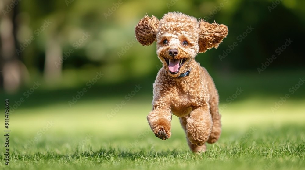A happy fluffy brown poodle dog running joyfully on a sunny day in the park A happy fluffy brown poodle dog running joyfully on a sunny day in the park