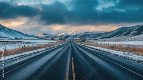 Scenic asphalt road heading towards snowy mountains and a sky full of clouds, perfect for car journey visuals.