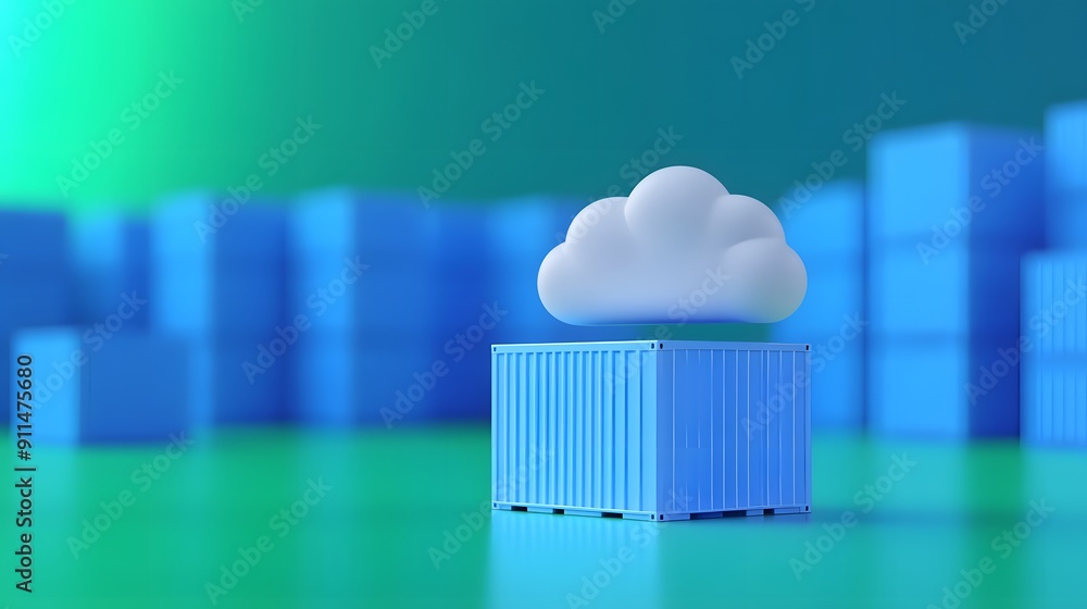 Cloud computing concept: a white cloud above a blue container, symbolizing data storage and cloud technology in a colorful abstract background. Cloud computing concept: a white cloud above a blue container, symbolizing data storage and cloud technology in a colorful abstract background.