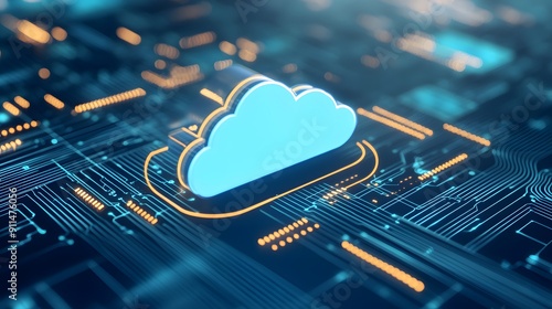 Cloud computing concept visualization with a digital cloud icon over a circuit board, representing internet and data storage technology.