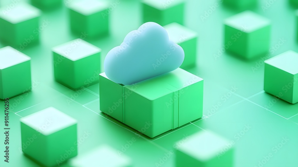 Cloud computing concept with a 3D cloud icon over green blocks, illustrating data storage, digital technology, and tech infrastructure. Cloud computing concept with a 3D cloud icon over green blocks, illustrating data storage, digital technology, and tech infrastructure.