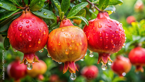 "Fresh Pomegranates with Dew: Captivating Image of Water-Drenched Fruits on Tree" generative ai